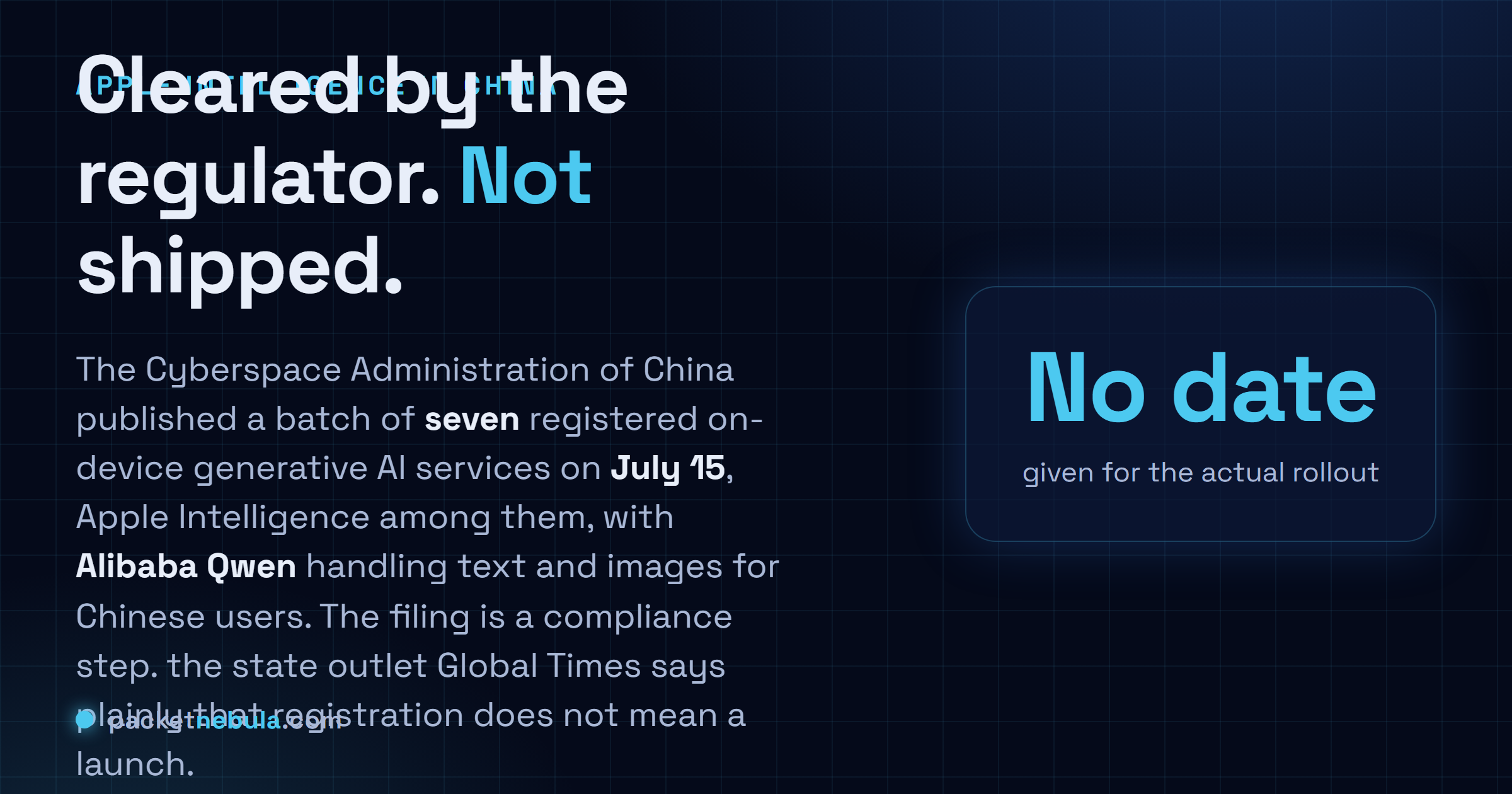 Answer card: the Cyberspace Administration of China published seven registered on-device generative AI services on July 15, Apple Intelligence among them with Alibaba Qwen handling text and images, but no launch date was given.