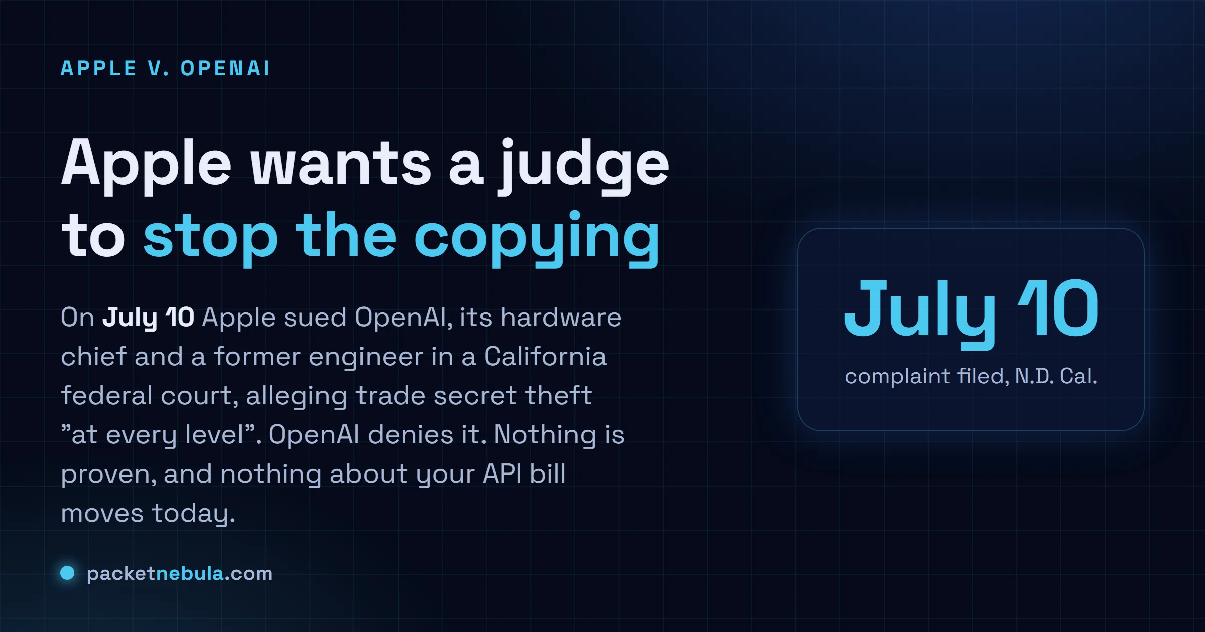 Answer card: Apple sued OpenAI, its hardware chief Tang Tan and former engineer Chang Liu in a California federal court on July 10, alleging trade secret theft at every level. OpenAI denies it and nothing is proven.
