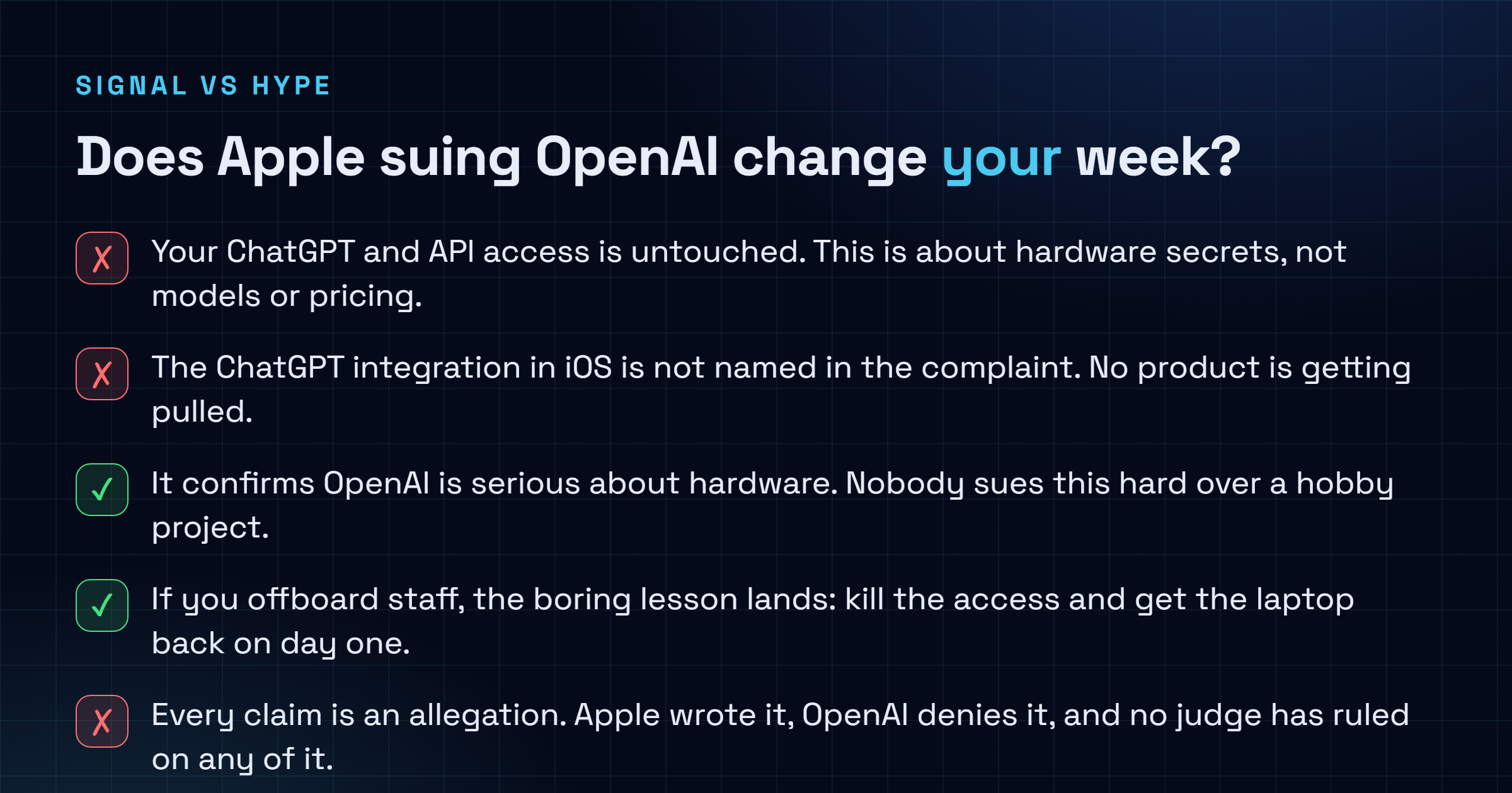 Checklist: your ChatGPT and API access is untouched, the iOS integration is not named, the suit confirms OpenAI is serious about hardware, the offboarding lesson is real, and every claim is still an allegation.