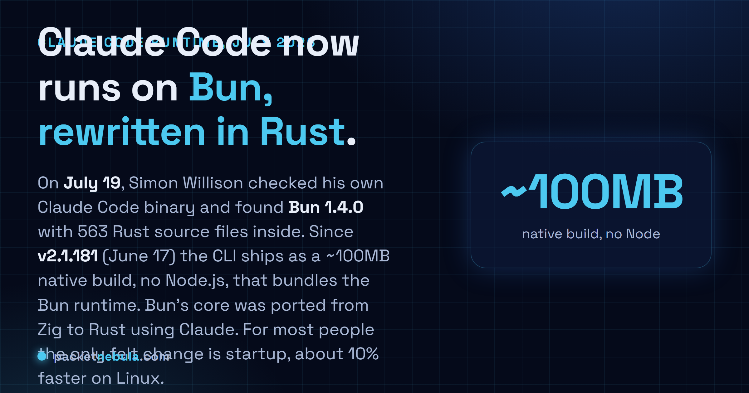 Answer card: Claude Code now runs on Bun 1.4.0 rewritten in Rust, shipping since version 2.1.181 as a roughly 100MB native binary with no Node.js, with startup about 10 percent faster on Linux.