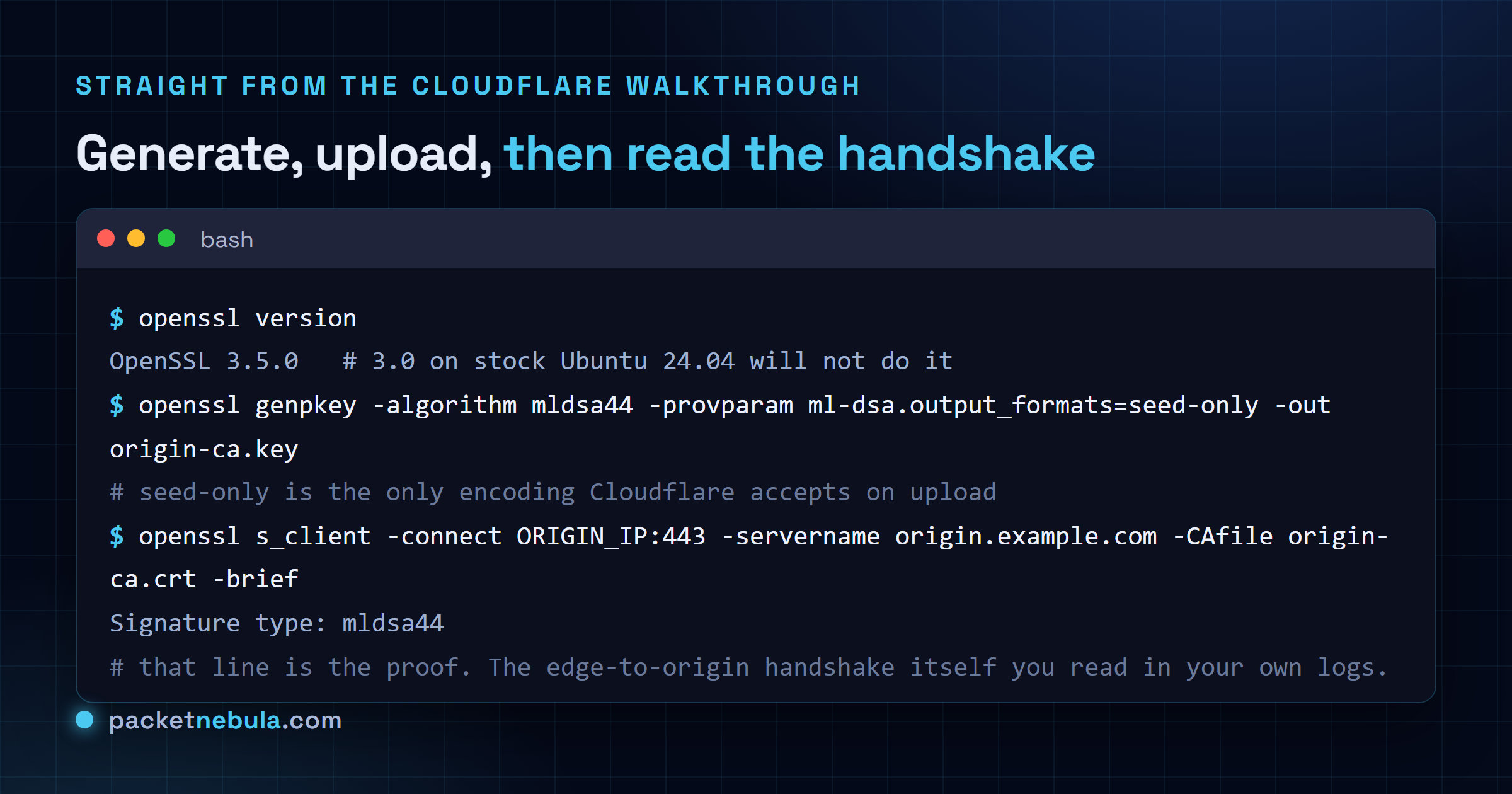 Terminal session showing openssl version reporting 3.5.0, an openssl genpkey command creating an ML-DSA-44 key in seed-only output format, and an openssl s_client check whose output includes the line Signature type: mldsa44.