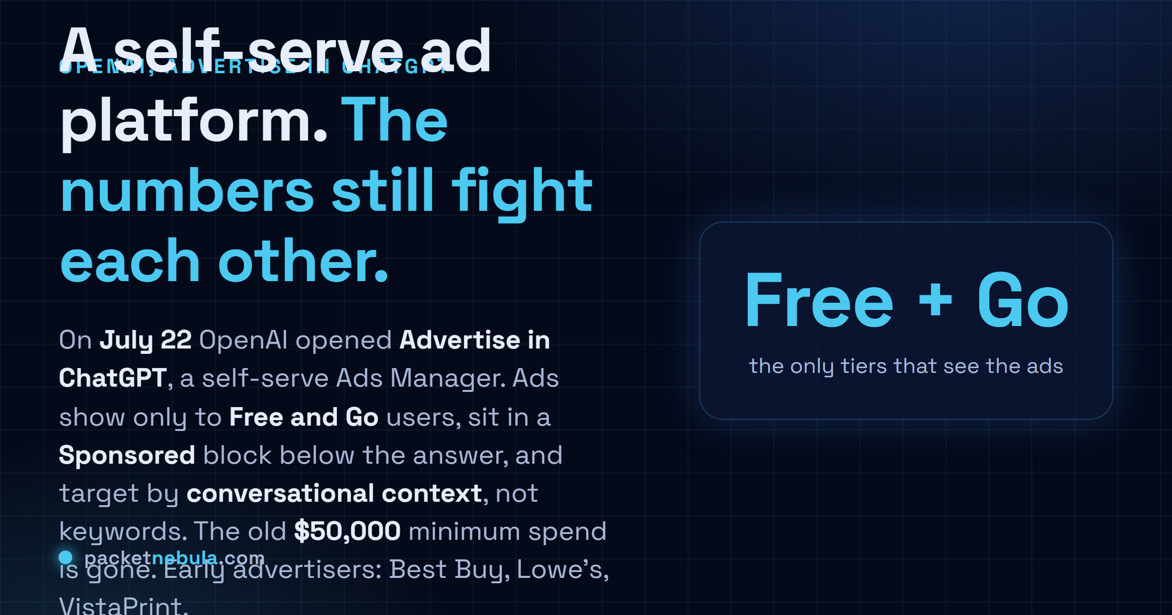 Answer card: on July 22, 2026 OpenAI opened a self-serve Ads Manager for ChatGPT, ads shown only to Free and Go users in a Sponsored block below the answer, targeting conversational context, with the old $50,000 minimum spend removed.