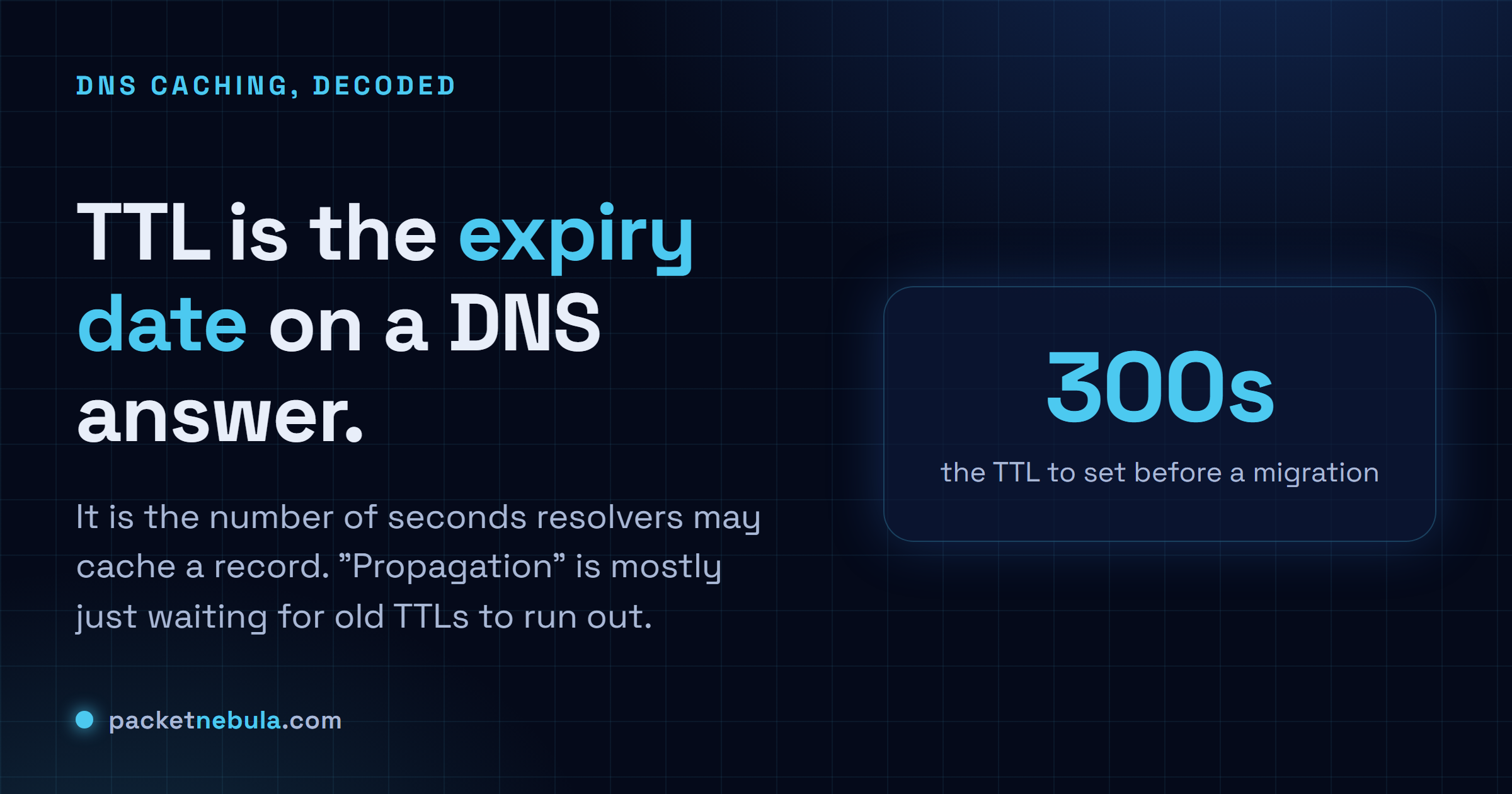 Answer card explaining DNS TTL as the expiry date on a DNS answer: the seconds resolvers may cache it, with propagation being the wait for old TTLs to expire.