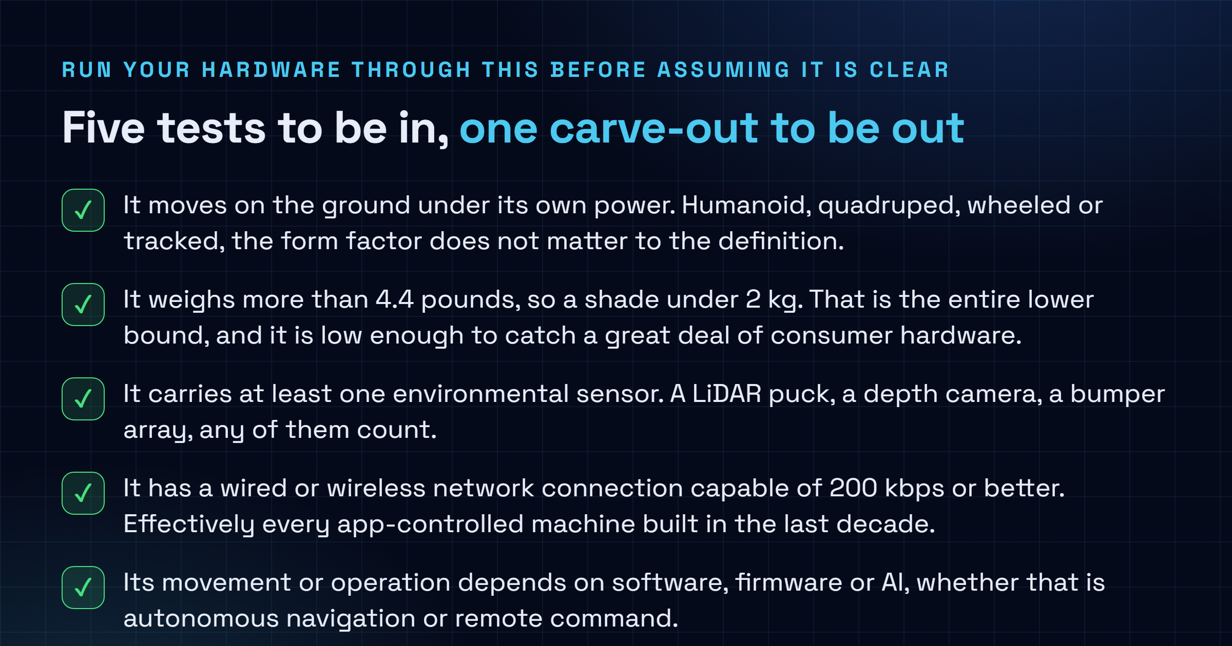 Checklist of the five criteria that put a device inside the FCC advanced robotic device definition, ground mobility, over 4.4 pounds, at least one environmental sensor, a network link of at least 200 kbps and software or AI controlling movement, alongside the carve-outs for road vehicles, rail equipment, aircraft, drones, underwater vehicles, FDA-regulated devices and stationary industrial robots.