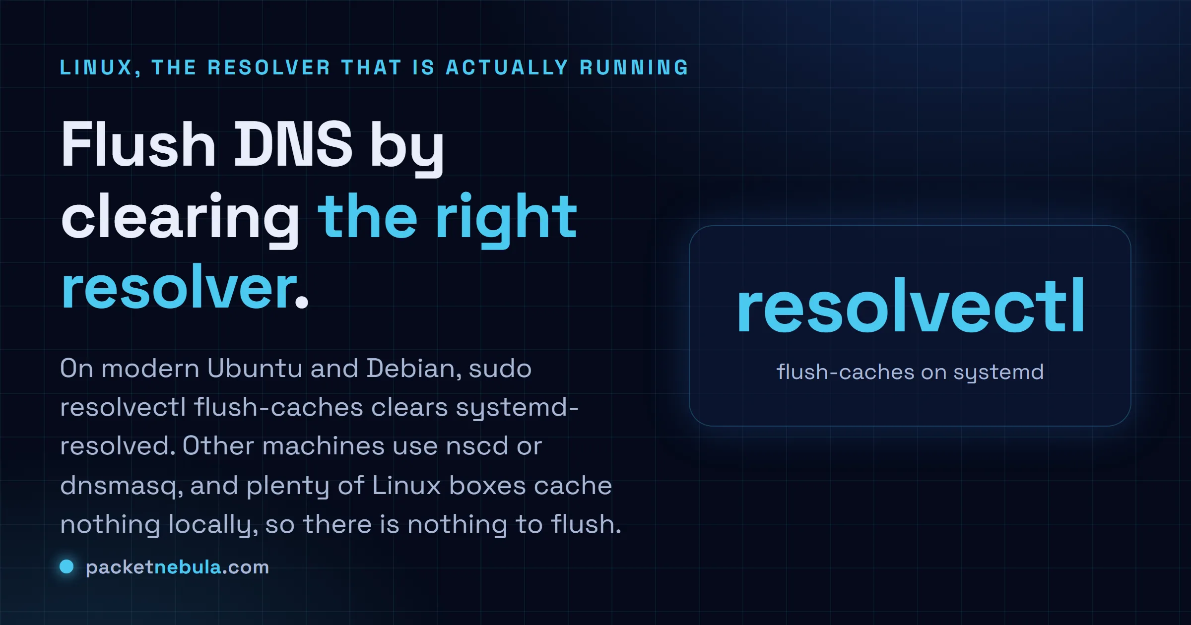 Answer card: flush the DNS cache on Linux with sudo resolvectl flush-caches for systemd-resolved, or restart nscd or dnsmasq.
