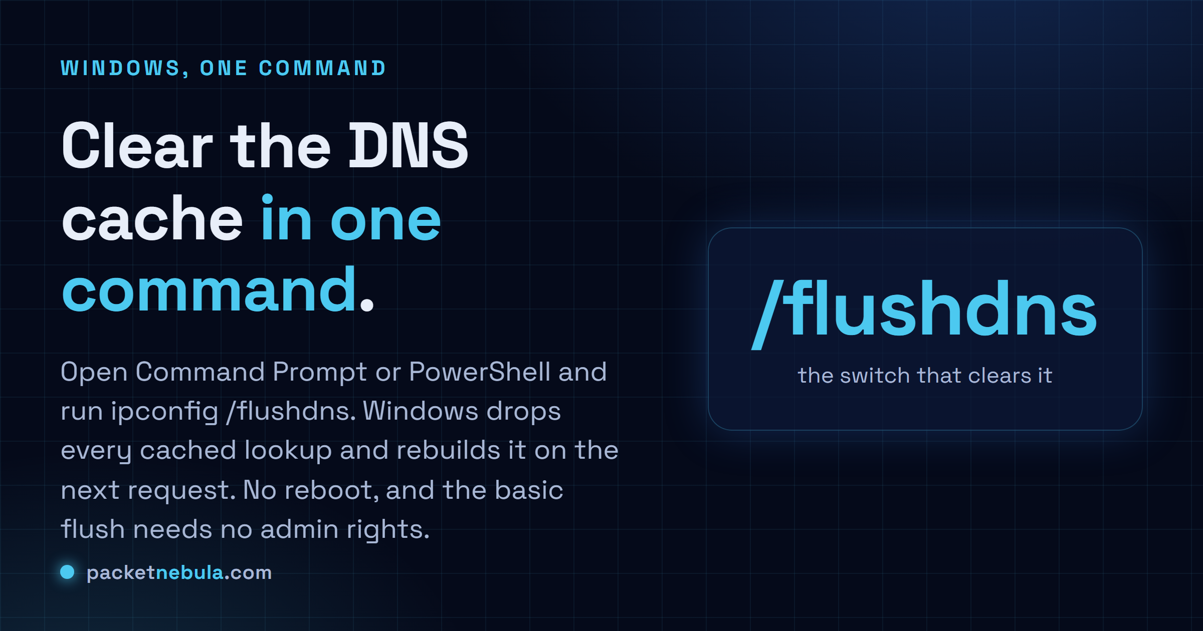 Answer card showing ipconfig /flushdns as the command that clears the DNS cache on Windows.