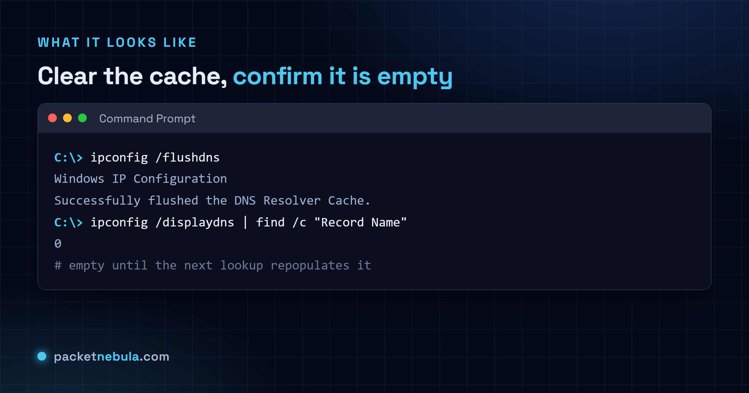 Command Prompt showing ipconfig /flushdns reporting success, then ipconfig /displaydns showing an empty cache.