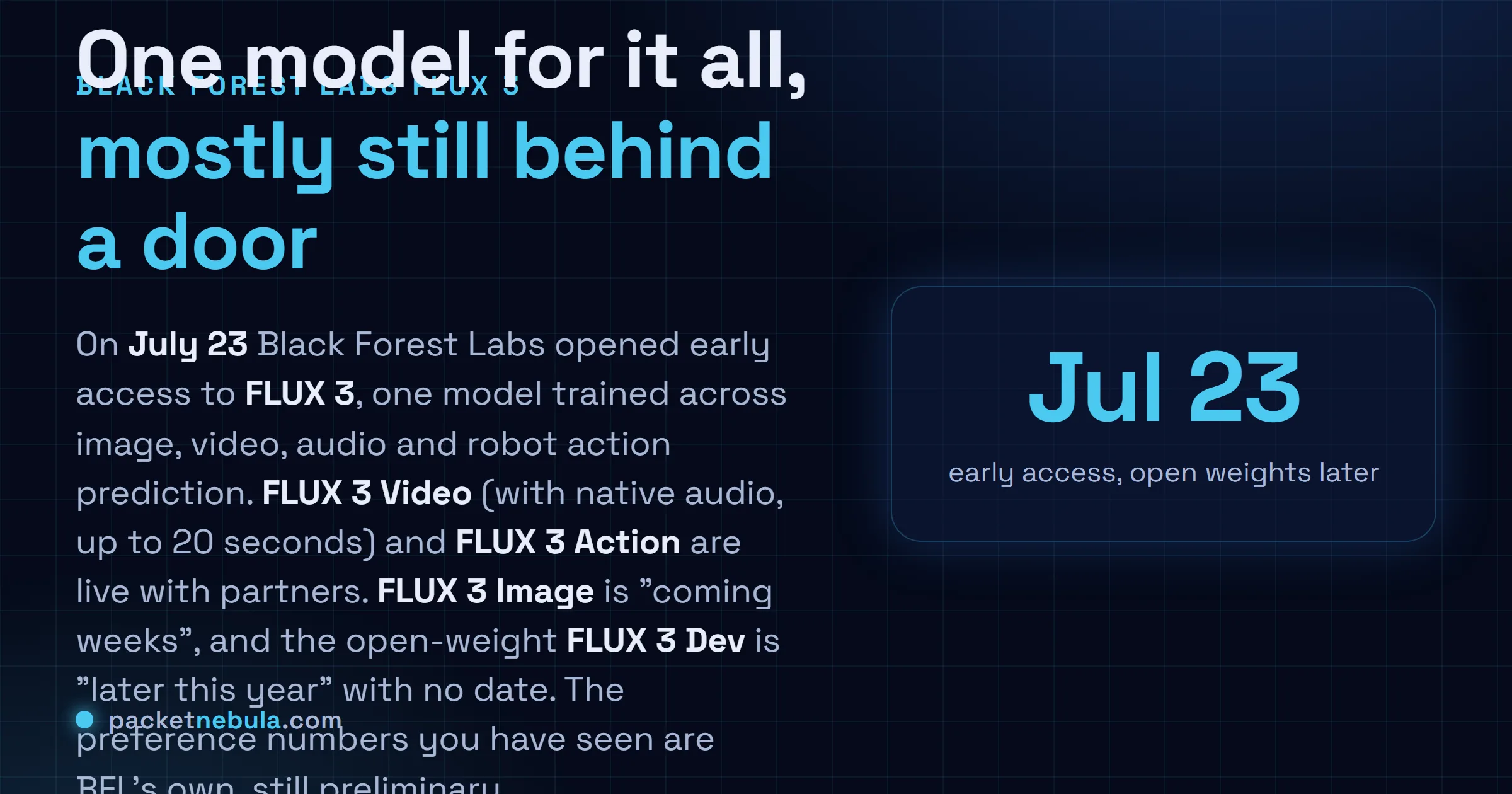 Answer card: Black Forest Labs put FLUX 3 into early access on July 23 2026, a single multimodal model for video with native audio, image editing and robot action prediction, but only Video and Action are live for partners, Image is coming weeks, and the open-weight FLUX 3 Dev lands later in 2026.