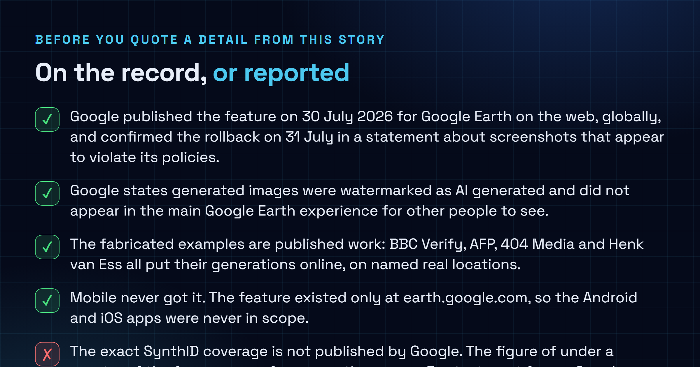 Checklist separating confirmed facts about the Google Earth Nano Banana 2 rollback, including the launch and rollback dates, Google's statement and the web only availability, from what remains unverified, including the exact SynthID coverage percentage, the number of images generated, and any return date.