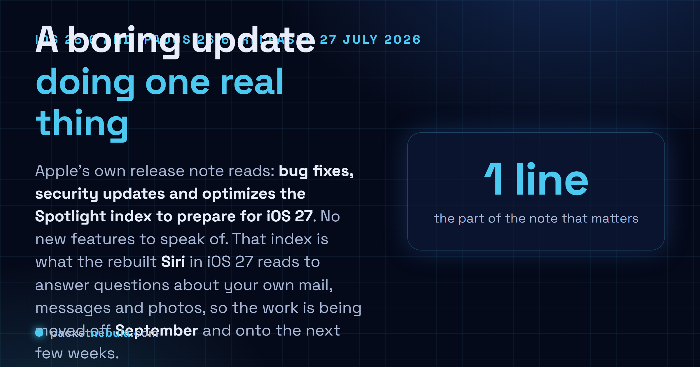 Answer card: Apple released iOS 26.6 and iPadOS 26.6 on 27 July 2026, with a release note covering bug fixes, security updates and an optimized Spotlight index to prepare for iOS 27, the index the rebuilt Siri reads for personal context.
