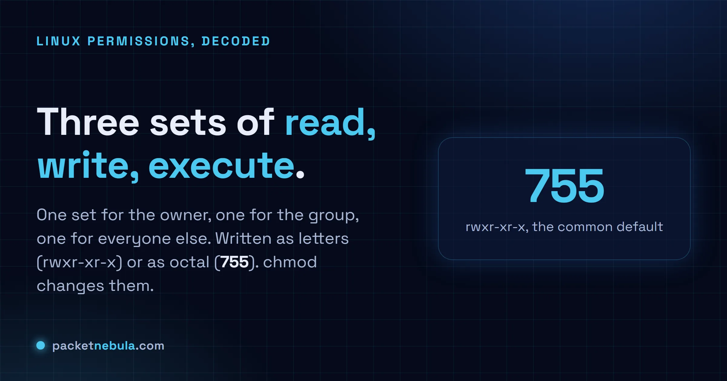 Answer card: every file has three permission sets (owner, group, other), each with read write execute, written as letters like rwxr-xr-x or as octal like 755.