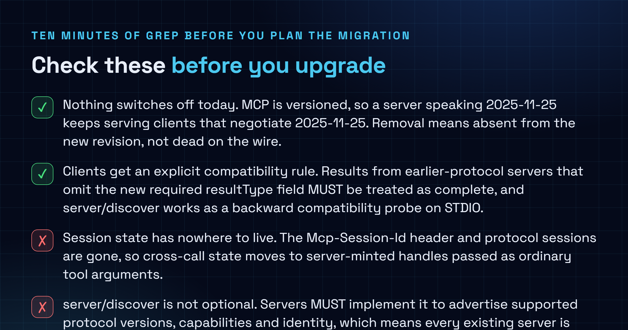Checklist of what to verify before upgrading to MCP 2026-07-28, covering session state, the server discover RPC, required headers, error code matching, cacheable list results and the deprecated feature set.