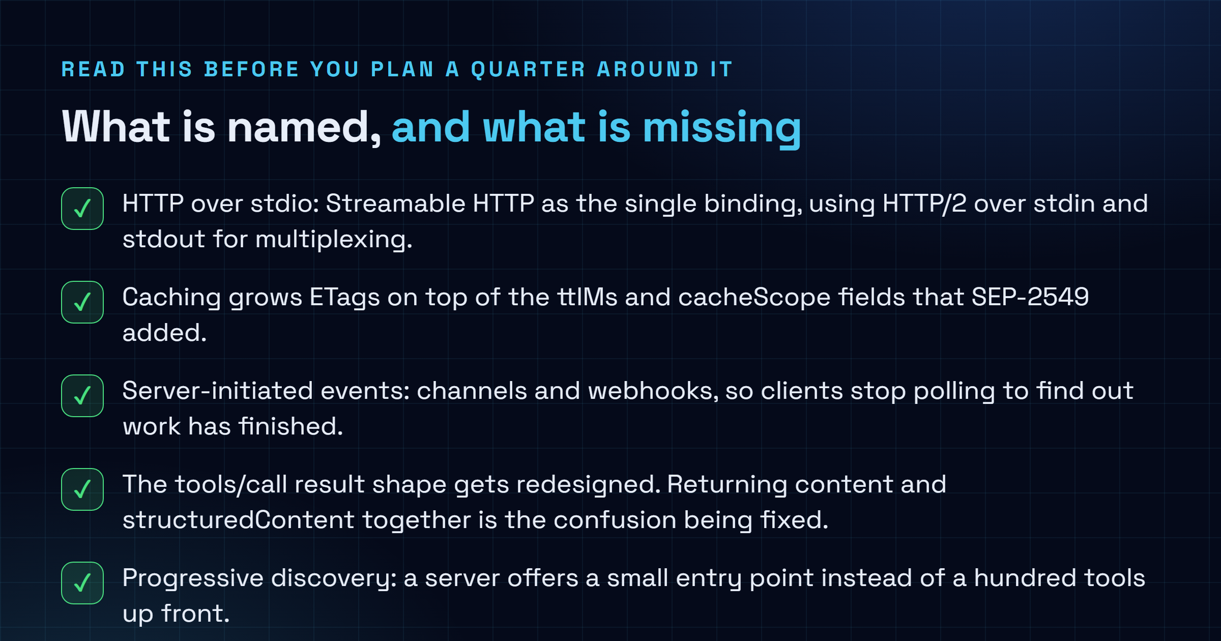 Checklist separating the named deliverables in the August 2026 MCP roadmap, including HTTP over stdio, ETag caching on top of SEP-2549, server-initiated events, the tools/call result shape redesign and progressive discovery, from what the roadmap does not provide: no target date, no revision number for the next release, two unformed Working Groups, and a note that priorities may shift or be deferred.