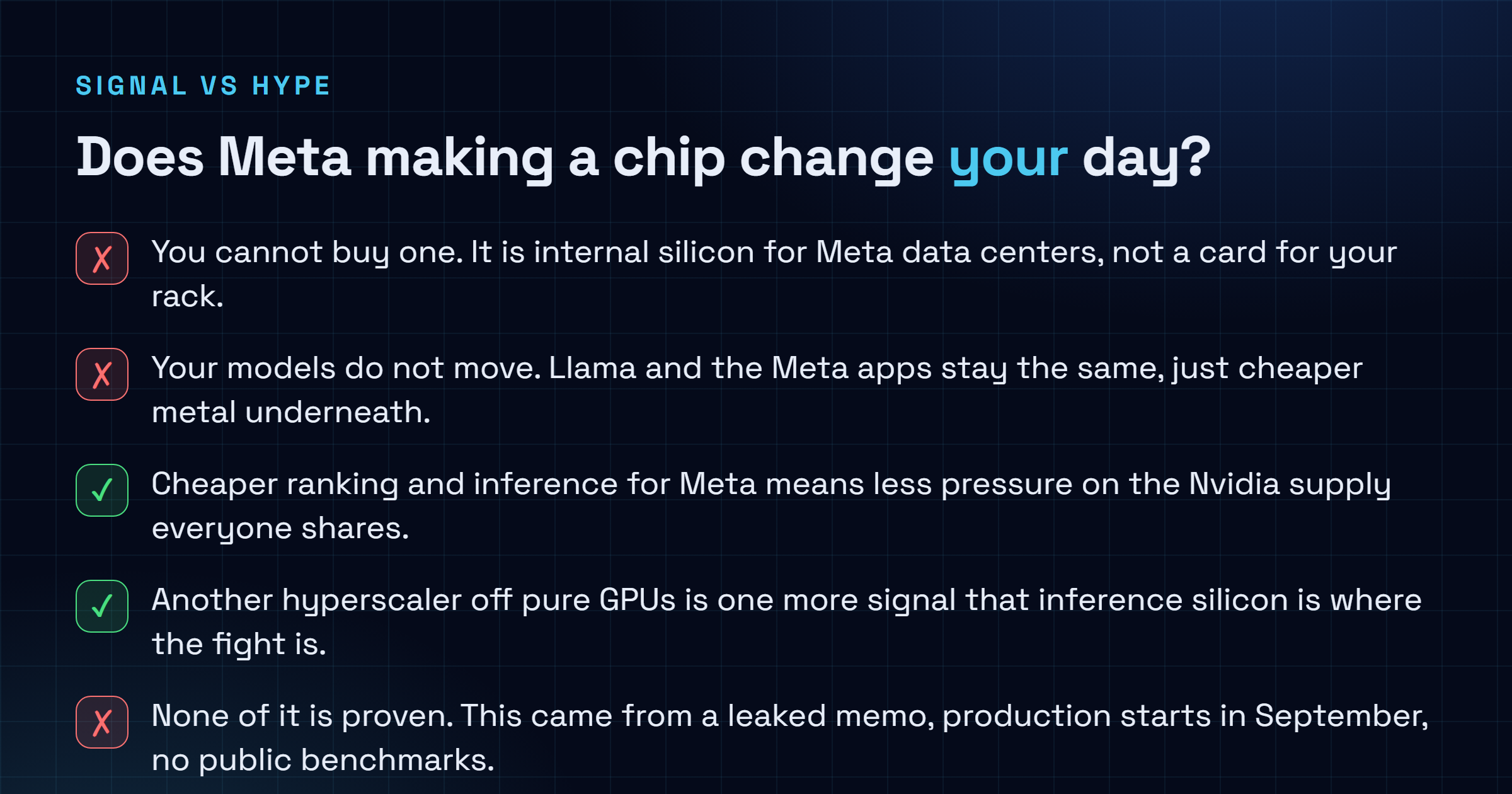 Checklist of what Meta's Iris chip does and does not change for you: you cannot buy it and Meta's models do not move, but cheaper in-house inference eases pressure on shared Nvidia supply and signals inference silicon is where the fight is, and none of it is proven yet.