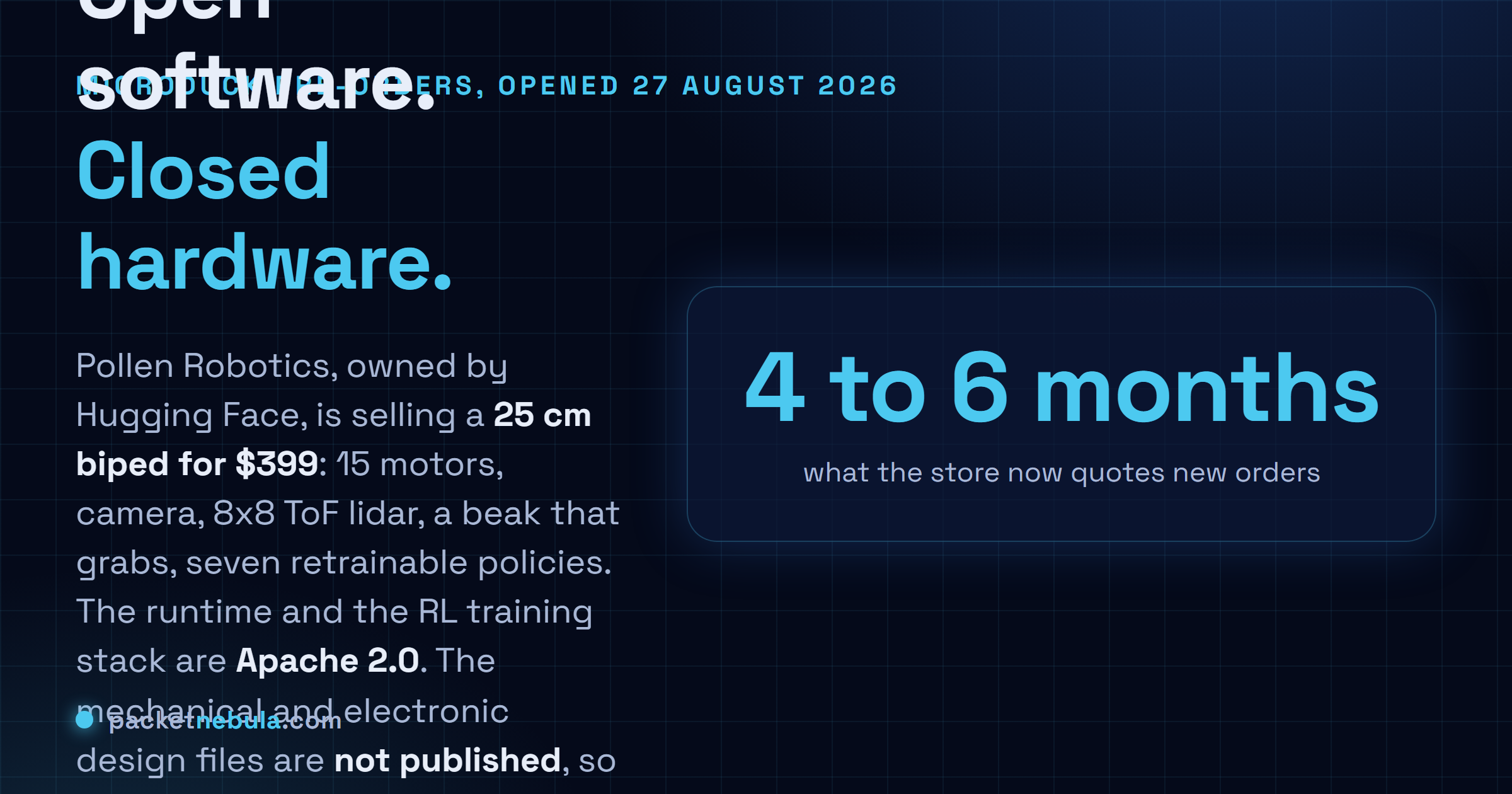 Answer card stating that Pollen Robotics opened Microduck pre-orders on 27 August 2026 at 399 dollars for a 25 centimetre 780 gram biped with 15 motors, a camera, an eight by eight time of flight lidar and a grasping beak, that the runtime and reinforcement learning repositories are Apache 2.0 but the mechanical and electronic design files are not published, and that the store now quotes four to six months for new orders.
