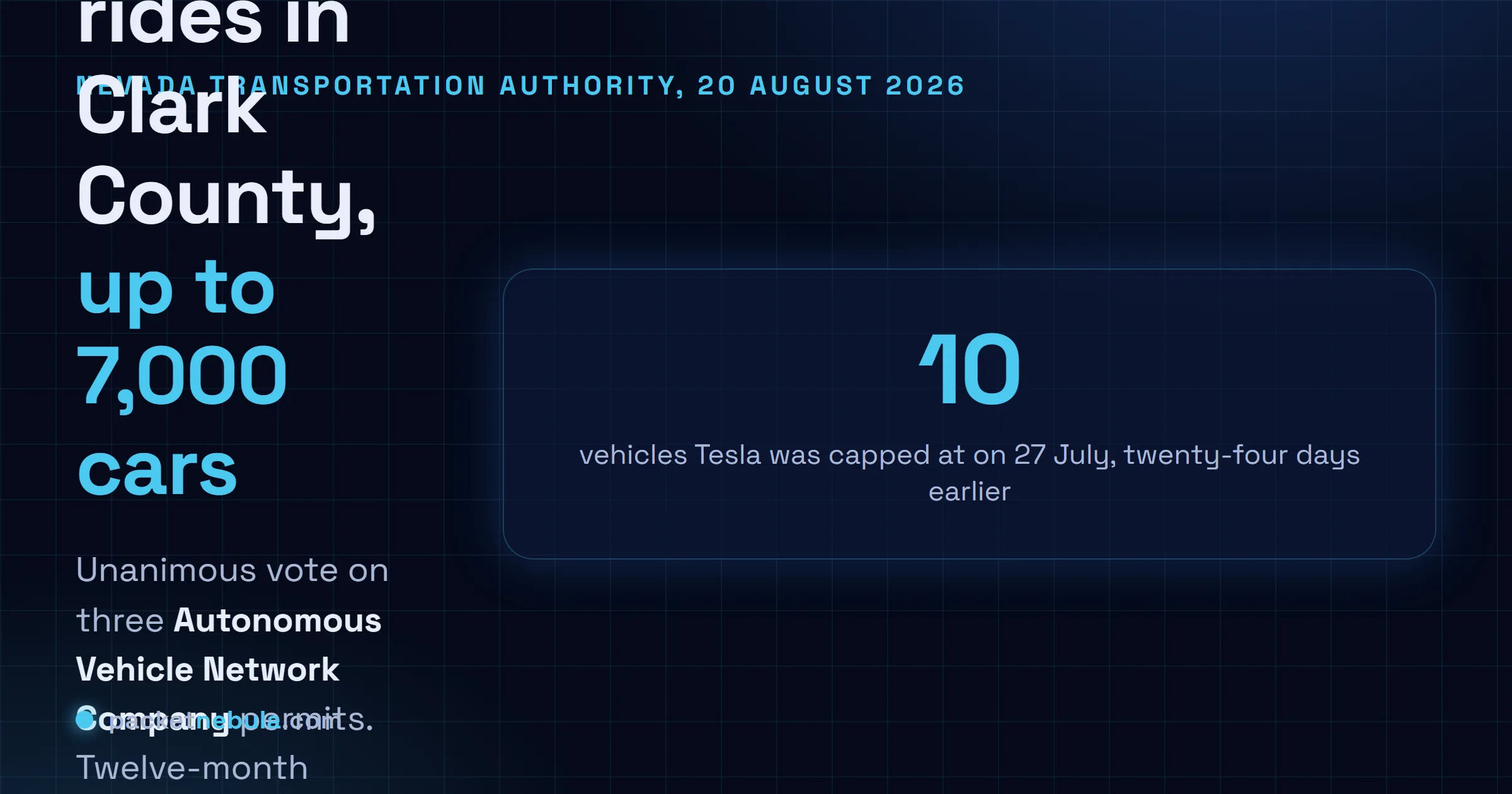 Answer card summarising the Nevada Transportation Authority vote of 20 August 2026 granting Autonomous Vehicle Network Company permits to Tesla, Waymo and Uber for paid robotaxi rides in Clark County, with twelve-month caps of 5,000, 1,000 and 1,000 vehicles.