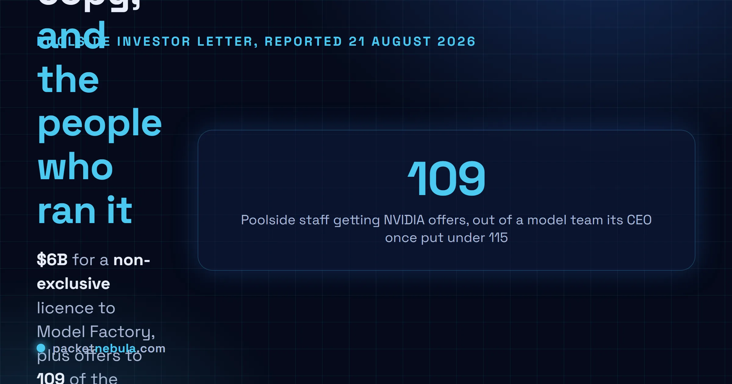 Answer card summarising the Nvidia and Poolside deal reported on 21 August 2026: a 6 billion dollar non-exclusive licence to Model Factory, job offers to 109 staff who built Laguna, and a separate 1 billion dollar investment at a 12 billion dollar pre-money valuation.