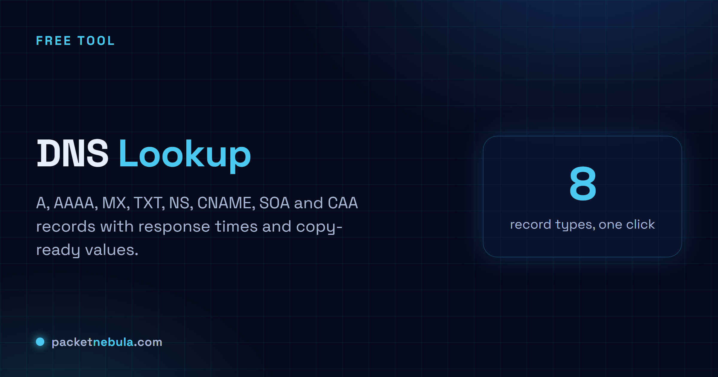 DNS Lookup: A, AAAA, MX, TXT, NS, CNAME and more, with response times and copy-ready records.