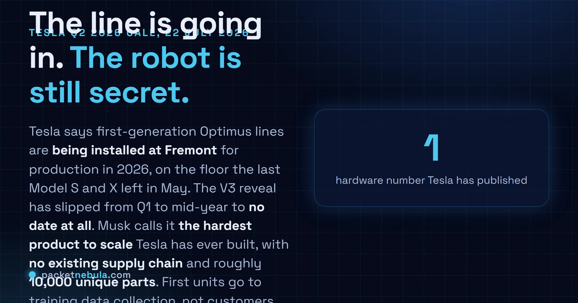 Answer card summarising that Tesla is installing Optimus production lines at Fremont for 2026 while the V3 robot itself remains unrevealed, with only one hardware figure ever published.