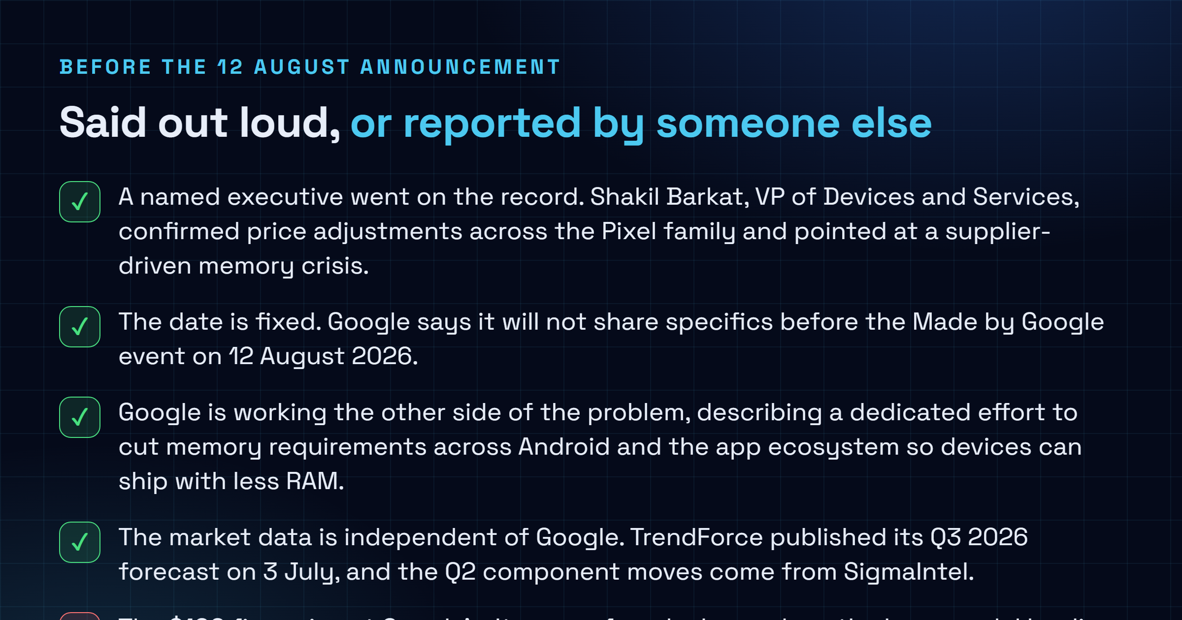 Checklist separating what Google confirmed about Pixel 11 pricing, including the price adjustments, the 12 August date and the Android memory efficiency work, from what is only leaked, including the $100 increase, the $899 entry price and the storage tier changes.
