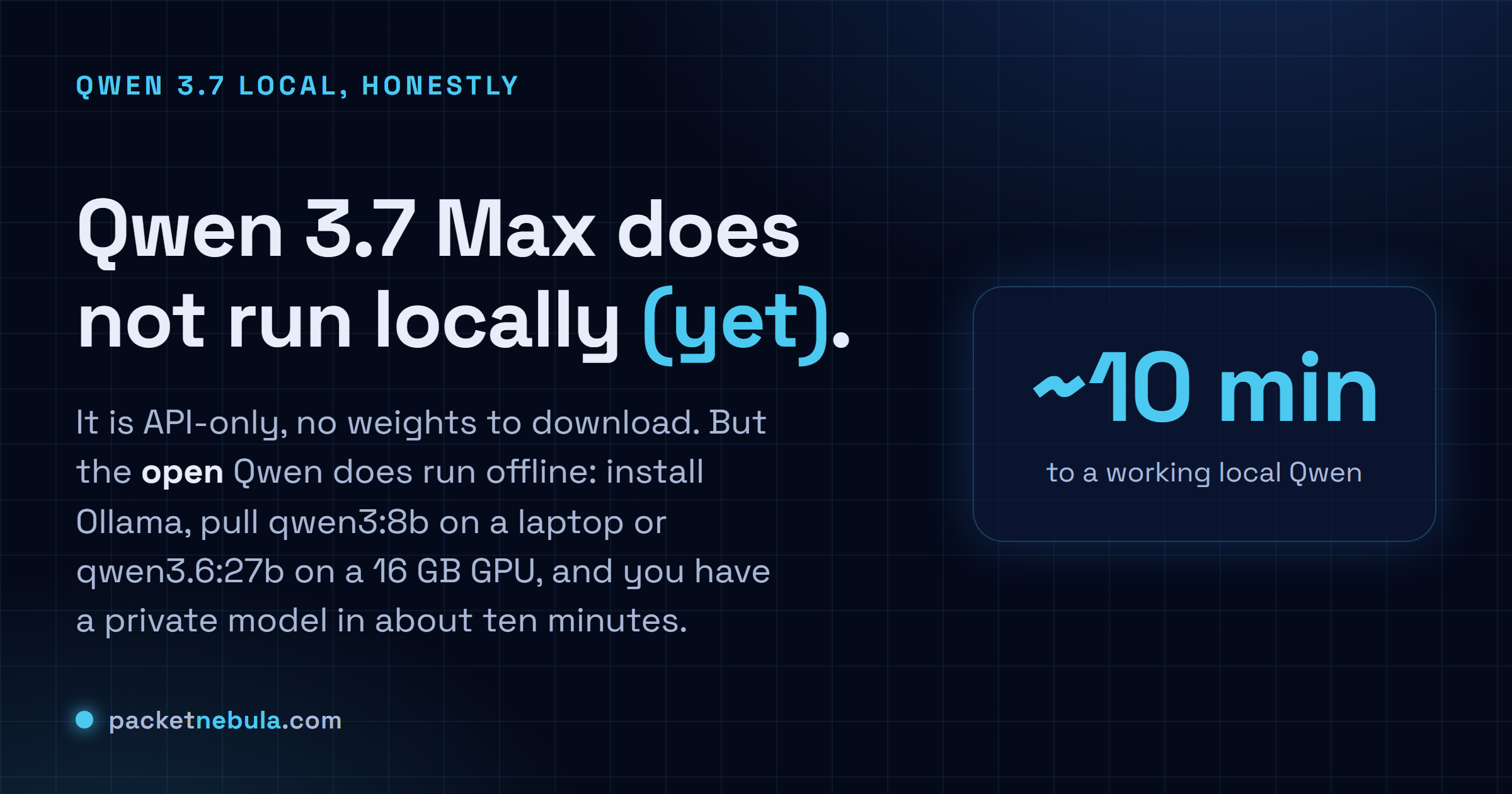 Answer card: Qwen 3.7 Max does not run locally yet (API-only); the open Qwen models run offline via Ollama in about ten minutes.