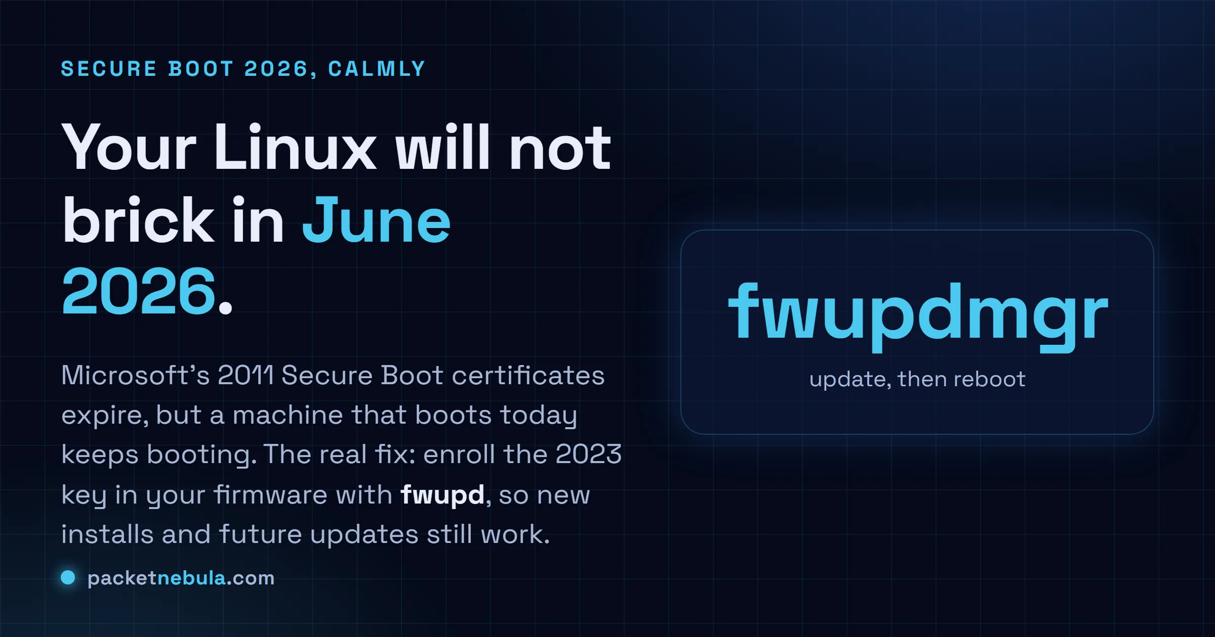 Answer card: Microsoft 2011 Secure Boot certificates expire in 2026, but existing Linux systems keep booting; the fix is enrolling the 2023 key with fwupd.