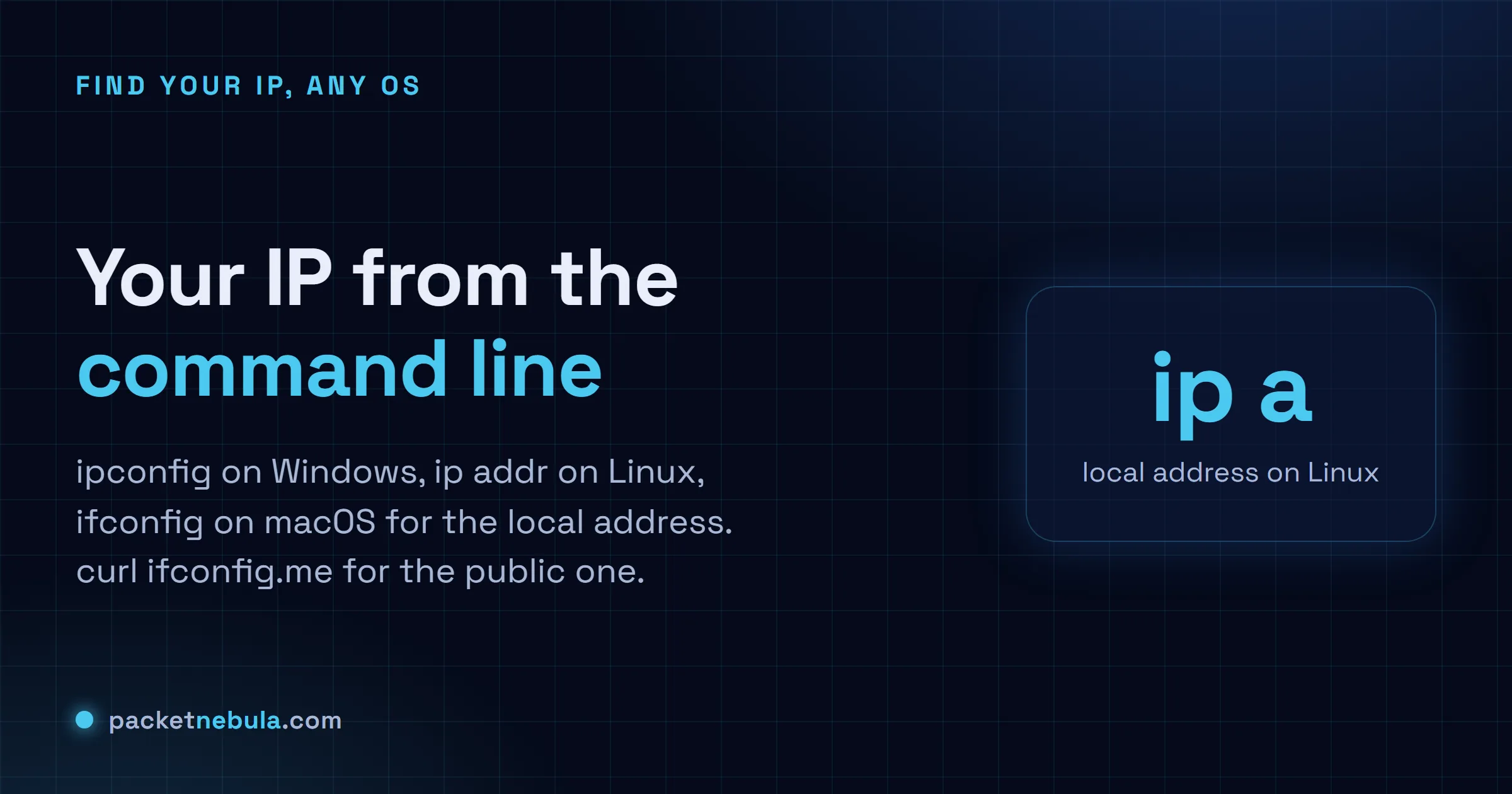 Answer card: ipconfig on Windows, ip addr on Linux, ifconfig on macOS for the local IP, and curl ifconfig.me for the public IP.