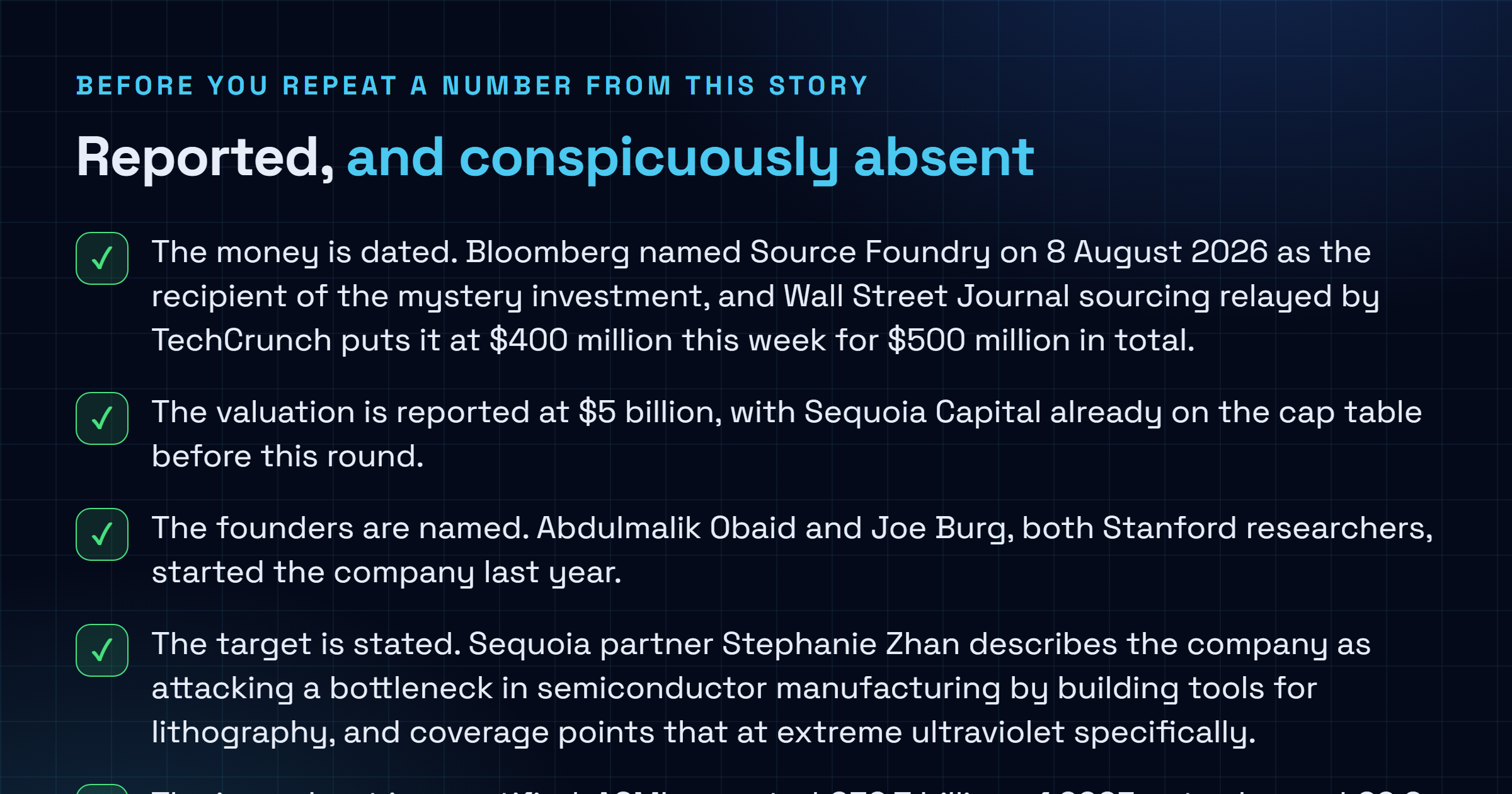 Checklist of what is on the record about the Source Foundry investment reported on 8 and 9 August 2026, including the amounts, valuation, named founders, stated lithography target and ASML's published 2025 results, set against what is absent including any product description, wavelength, prototype timeline, named customer or independent technical validation.