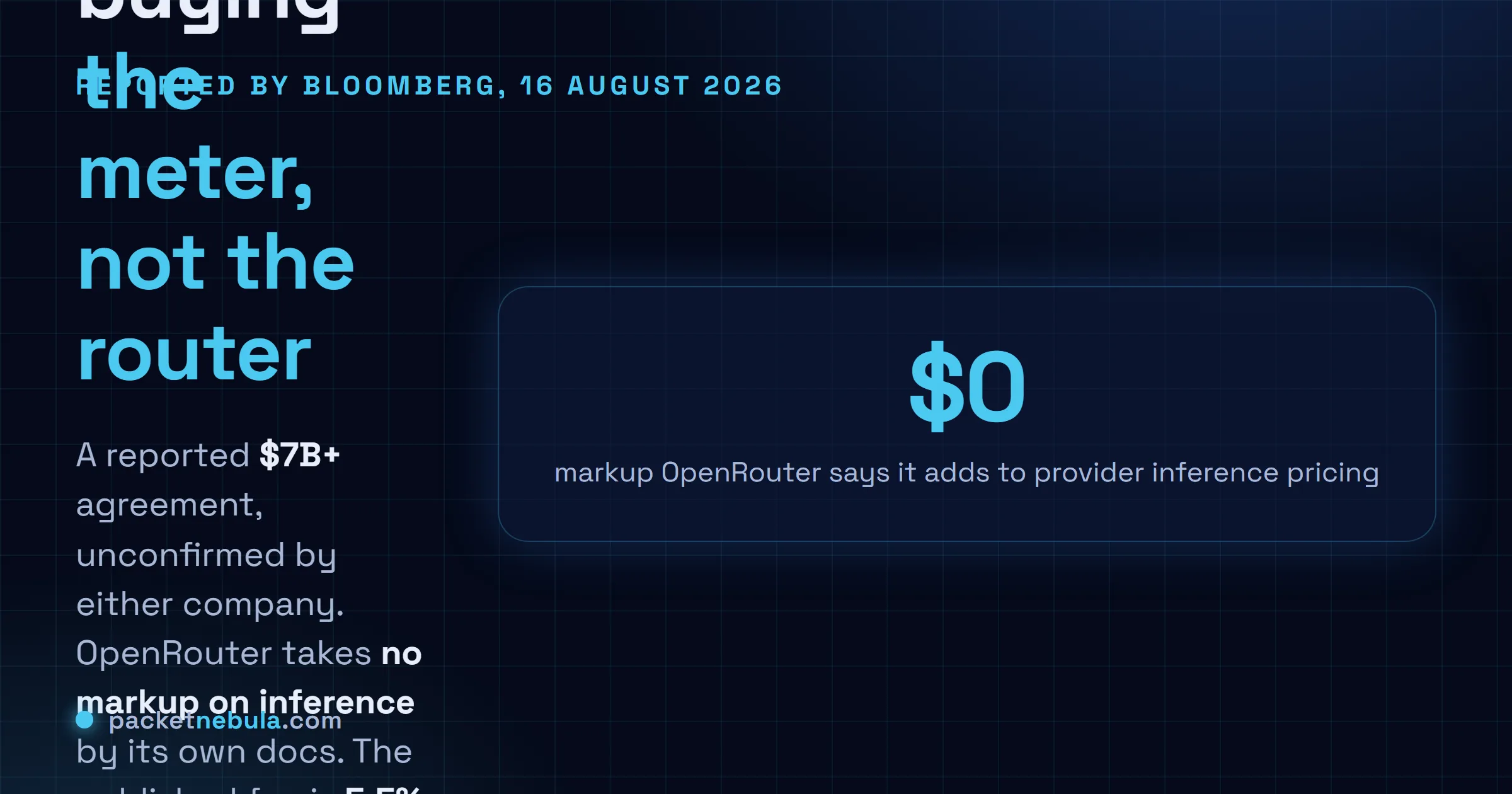 Answer card summarising the reported Stripe acquisition of OpenRouter for more than $7 billion on 16 August 2026, unconfirmed by either company, and OpenRouter's published pricing of no inference markup with a 5.5% fee on credit top ups.
