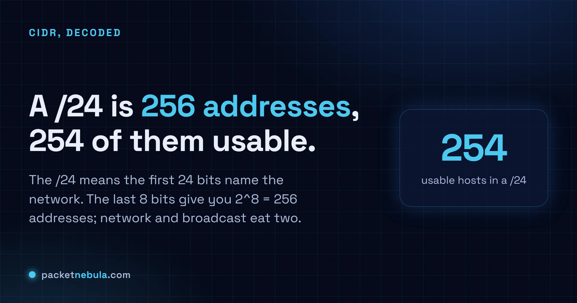Answer card: a /24 is 256 addresses with 254 usable, because the first 24 bits name the network and the last 8 bits identify hosts.