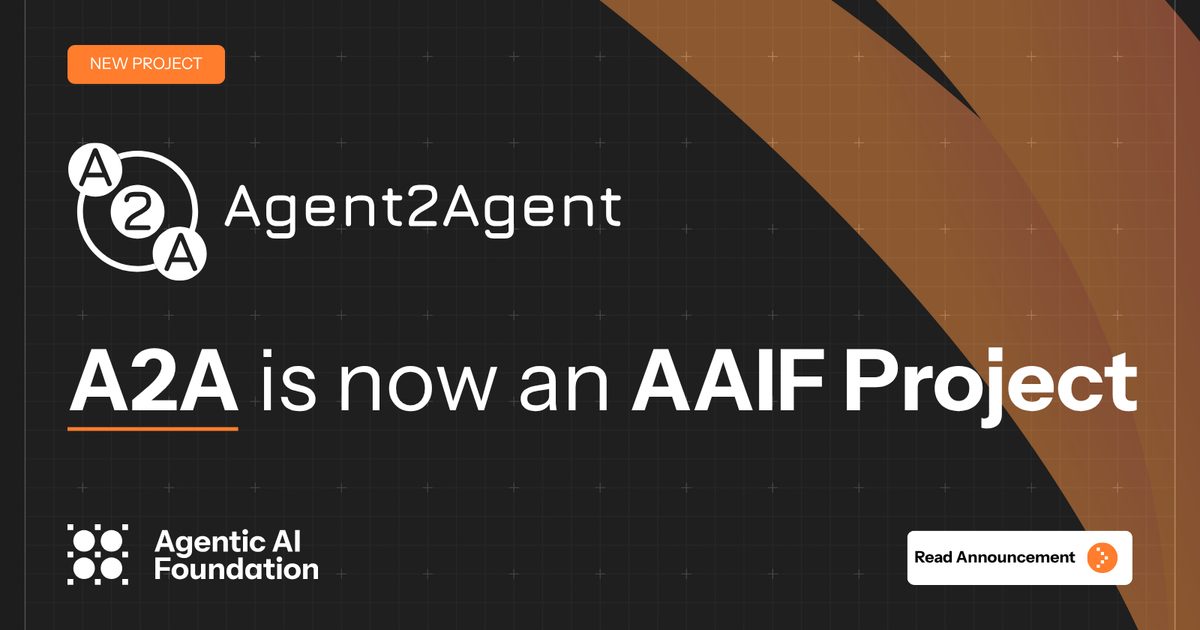 Official Agentic AI Foundation announcement card on a dark background: a NEW PROJECT badge, the Agent2Agent logo of three lettered circles, the headline A2A is now an AAIF Project, and the Agentic AI Foundation wordmark.