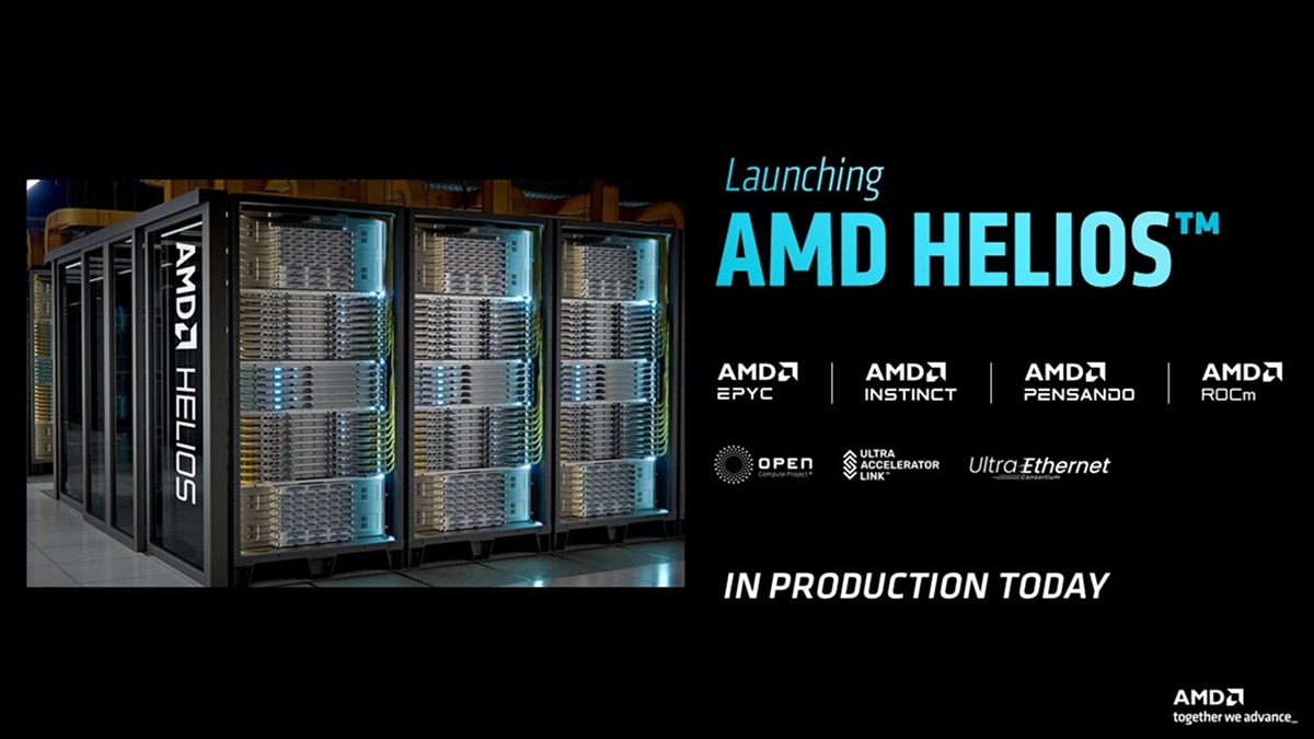 AMD launch slide for Helios showing a row of AMD Helios racks with the EPYC, Instinct, Pensando and ROCm logos and the words In Production Today.