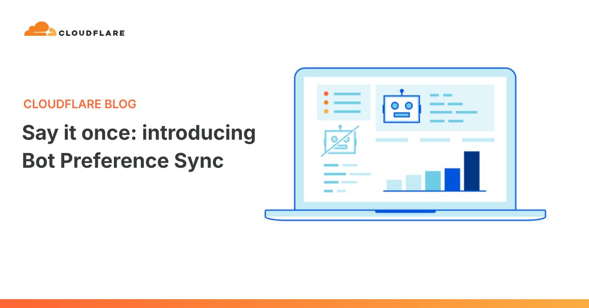 Cloudflare blog announcement card for Bot Preference Sync, showing the Cloudflare cloud logo and the headline Say it once, introducing Bot Preference Sync, beside a line drawing of a laptop displaying a dashboard with a robot icon, a crossed out robot icon and a rising bar chart.