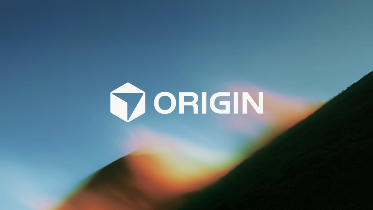 Official Cursor key art for Origin, showing the Origin cube mark and wordmark over a blurred hillside at dusk, from the Origin product page.