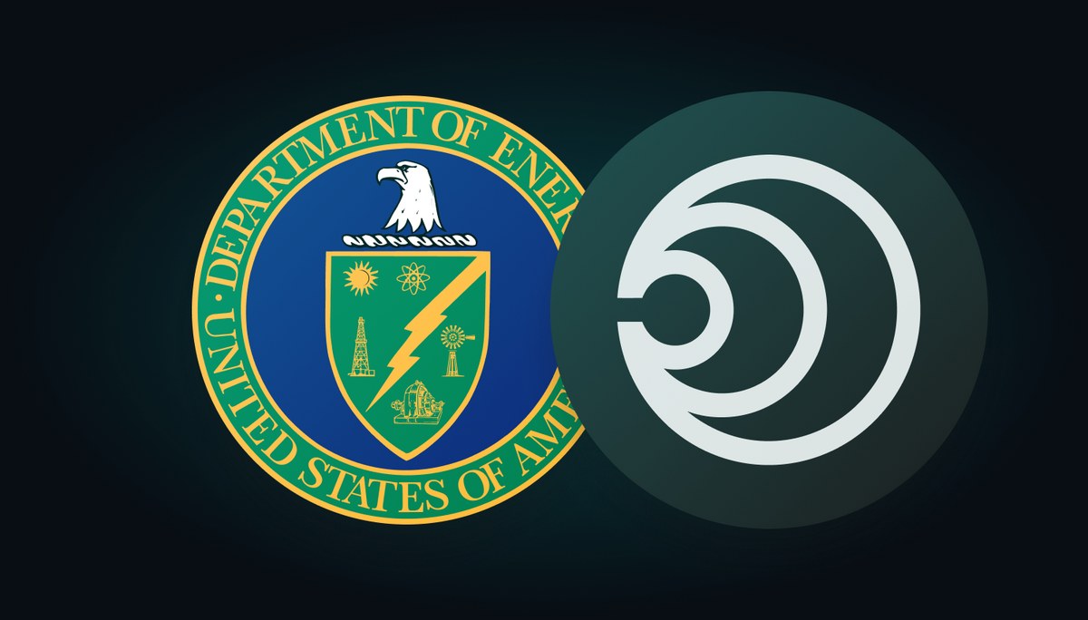 The Department of Energy seal next to the Arcee AI mark on a teal field, the announcement image Arcee published for the Genesis-Science-1 partnership with DOE.