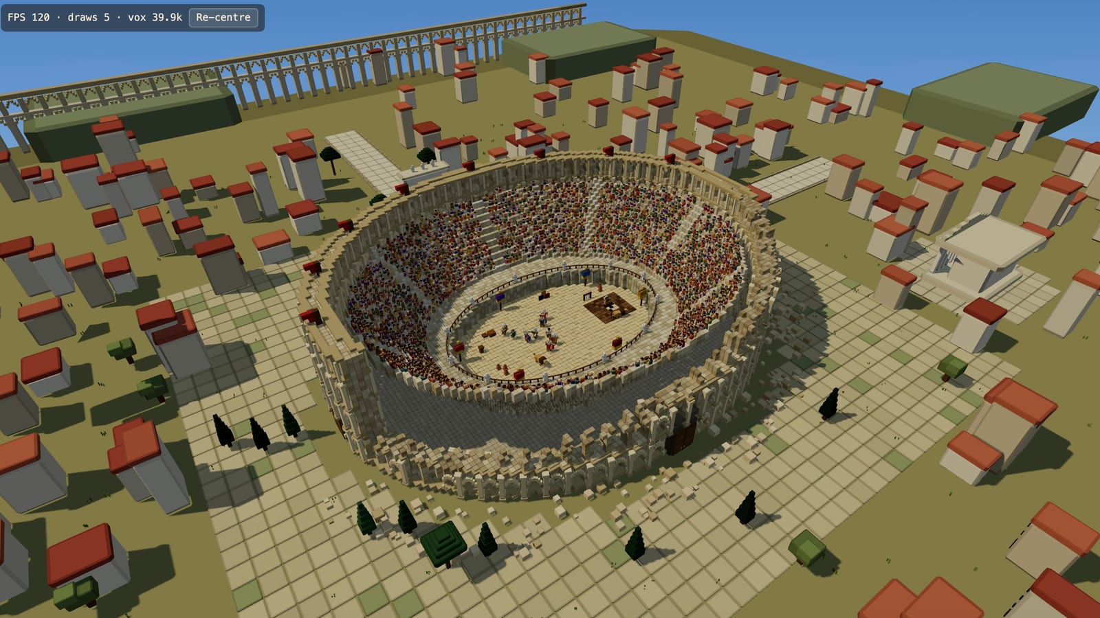 Voxel Colosseum scene rendered in a browser demo generated by Kimi K3, showing a Roman amphitheatre packed with crowds inside a blocky city, with an FPS 120 overlay in the corner.