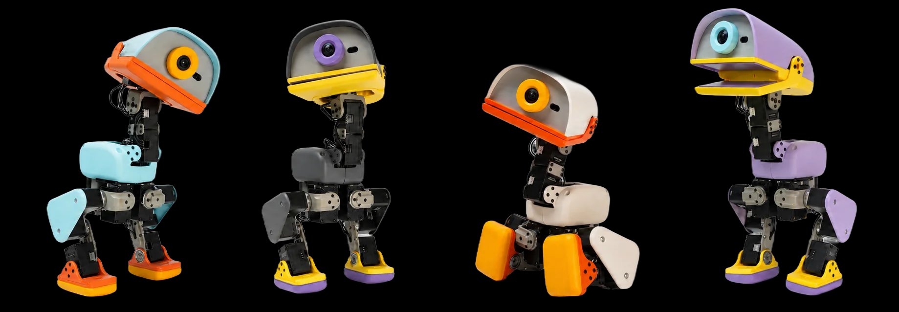 Four Microduck biped robots photographed side by side on a black background in the Sky, Graphite, Cream and Lavender colourways, each about 25 centimetres tall with a large duck-bill head housing a camera lens, exposed black servo-driven legs and coloured plastic feet.