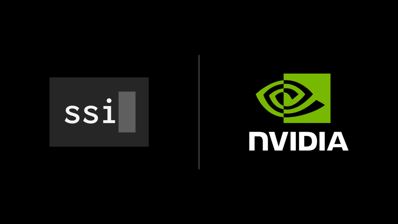 Official co-branded announcement image for the partnership, the ssi wordmark on a dark card beside the green Nvidia eye logo and wordmark, separated by a vertical rule on a black background.