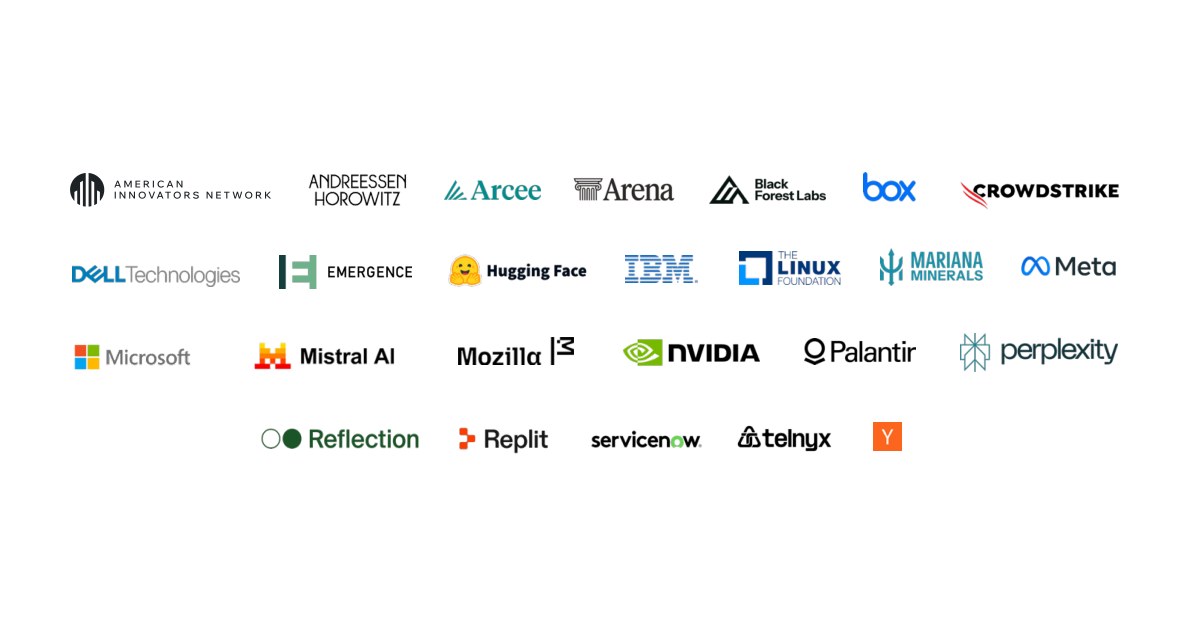 The signature page of the Open Weights and American AI Leadership letter, showing the logos of its 25 signatories including NVIDIA, Microsoft, Meta, IBM, Dell, Hugging Face, Mistral, Mozilla and Y Combinator.