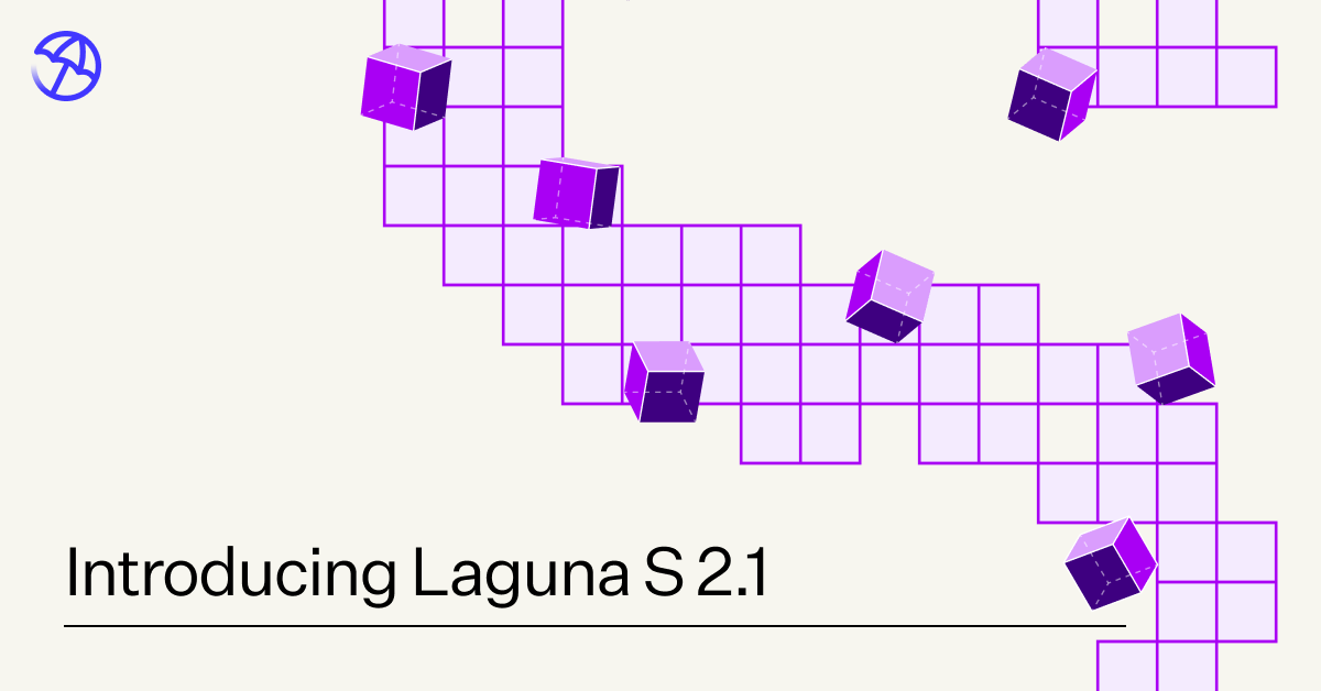Poolside announcement graphic for Laguna S 2.1, purple isometric cubes descending across a grid on a cream background, with the words Introducing Laguna S 2.1 in black.